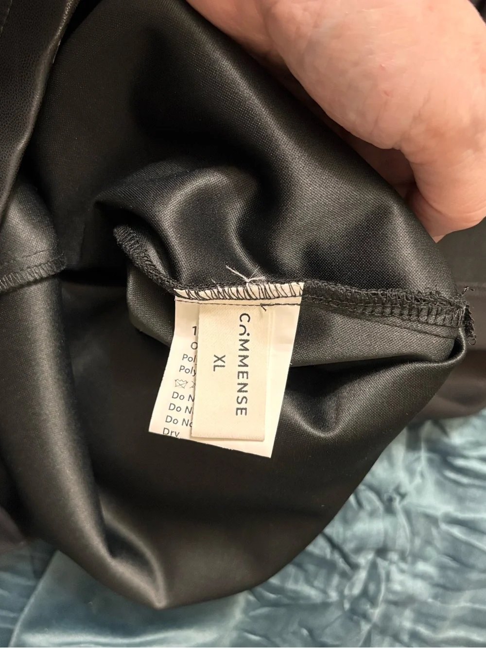 Commense Black Faux Leather Midi Skirt with Side Draping